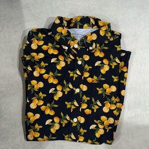 BANANA REPUBLIC Men’s Button Up Short Sleeve Shirt in Navy Vintage Lemons